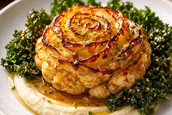 Róża z pieczonego kalafiora w glazurze miso-cytrusowej z purée z selera i chipsami z jarmużu (wariant 6c0f00d3)