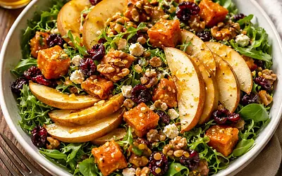 Autumn Salad with Roasted Pumpkin, Pears, and Walnuts with Honey-Mustard Dressing