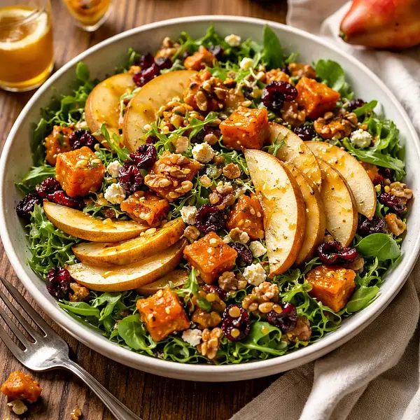 Sałatka jesienna z pieczonej dyni, gruszek i orzechów włoskich z miodowo-musztardowym dressingiem