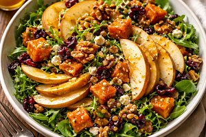 Autumn Salad with Roasted Pumpkin, Pears, and Walnuts with Honey-Mustard Dressing