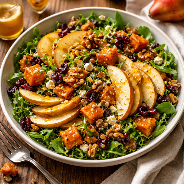 Sałatka jesienna z pieczonej dyni, gruszek i orzechów włoskich z miodowo-musztardowym dressingiem