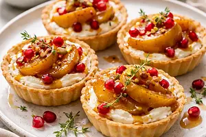 Quick tarts with mascarpone, caramelized pear, and pomegranate