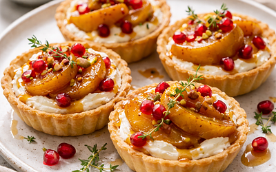 Quick tarts with mascarpone, caramelized pear, and pomegranate