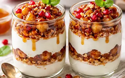 Quick cups with vanilla yogurt, caramelized apples, and pomegranate