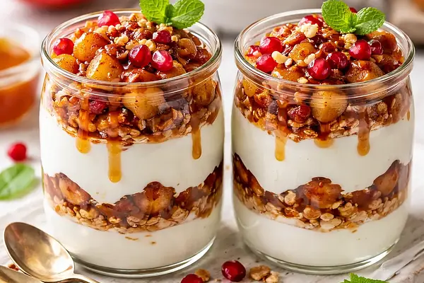 Szybkie pucharki z jogurtem waniliowym, karmelizowanymi jabłkami i granatem (wariant 9ca4acc5)