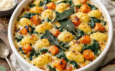 Kremowe zapiekane gnocchi z pieczoną dynią, szpinakiem i szałwią