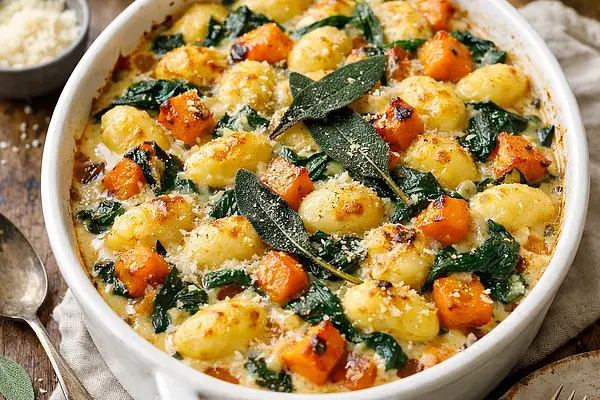 Kremowe zapiekane gnocchi z pieczoną dynią, szpinakiem i szałwią