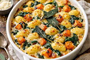 Creamy Baked Gnocchi with Roasted Pumpkin, Spinach, and Sage