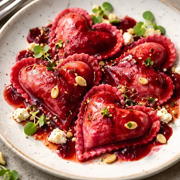 Sercowe ravioli buraczane z kremowym nadzieniem z ricotty i koziego sera, sosem z pieczonych buraków i granatem