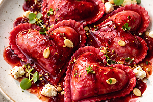 Beetroot ravioli with creamy ricotta and goat cheese filling, roasted beetroot and pomegranate sauce
