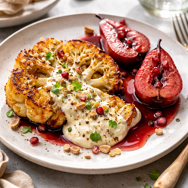 Pieczony „steak” z kalafiora z kremem z koziego sera i gruszkami w czerwonym winie (wariant 6051575e)