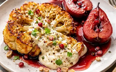 Baked cauliflower "steak" with goat cheese cream and pears in red wine (variant 6051575e)