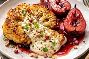 Baked cauliflower "steak" with goat cheese cream and pears in red wine (variant 6051575e)