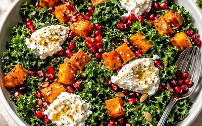 Modern salad with roasted butternut squash, kale, pomegranate, and ricotta