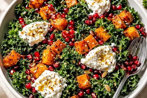 Nowoczesna sałatka z pieczonej dyni piżmowej, jarmużu, granatu i ricotty salata