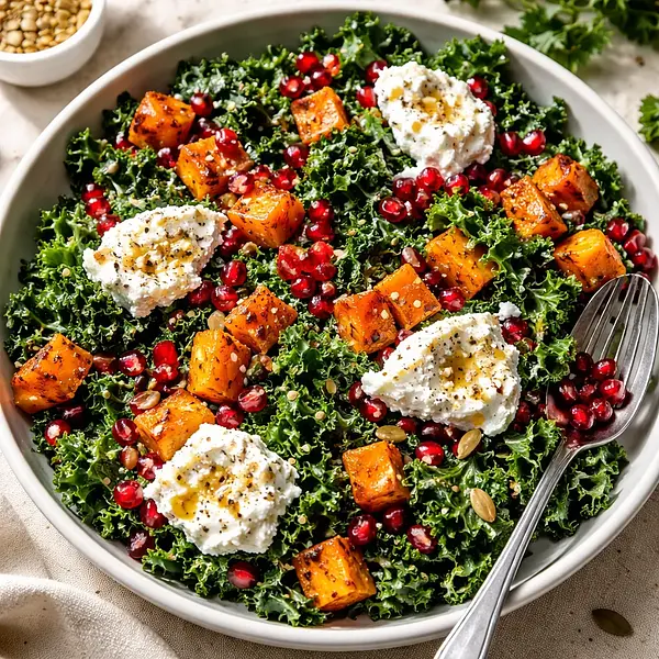 Nowoczesna sałatka z pieczonej dyni piżmowej, jarmużu, granatu i ricotty salata