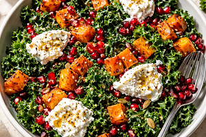 Modern salad with roasted butternut squash, kale, pomegranate, and ricotta