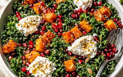 Modern salad with roasted butternut squash, kale, pomegranate, and ricotta