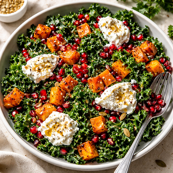 Nowoczesna sałatka z pieczonej dyni piżmowej, jarmużu, granatu i ricotty salata