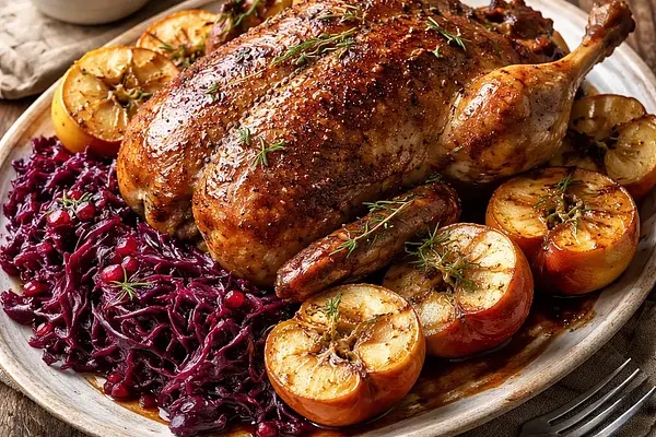 Pieczona kaczka z jabłkami i glazurowaną czerwoną kapustą