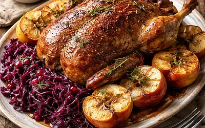Pieczona kaczka z jabłkami i glazurowaną czerwoną kapustą