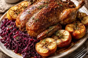 Pieczona kaczka z jabłkami i glazurowaną czerwoną kapustą
