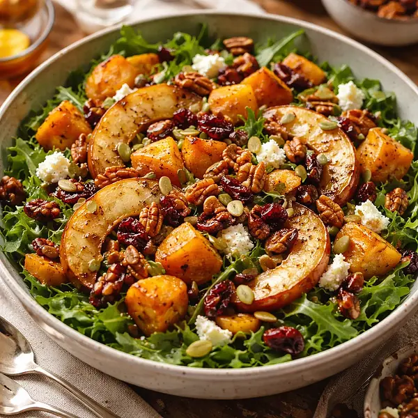 Jesienna sałatka z pieczoną dynią piżmową, karmelizowanymi jabłkami i prażonymi orzechami