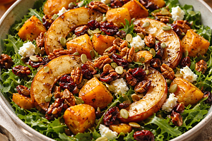 Autumn salad with roasted butternut squash, caramelized apples, and toasted nuts