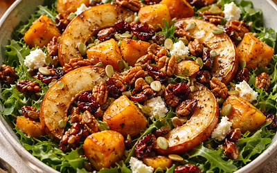 Autumn salad with roasted butternut squash, caramelized apples, and toasted nuts