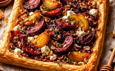 Autumn tart with roasted beets, goat cheese, and caramelized onions