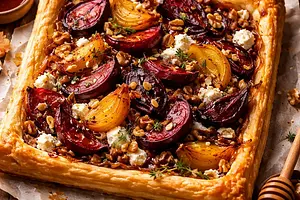 Autumn tart with roasted beets, goat cheese, and caramelized onions