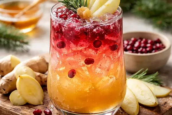 Zimowy Fusion Mocktail: Rubinowo-Złote Warstwy z Gruszką i Imbirem