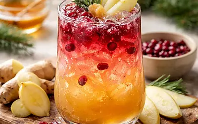 Zimowy Fusion Mocktail: Rubinowo-Złote Warstwy z Gruszką i Imbirem