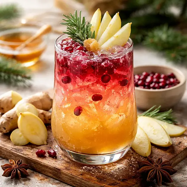 Zimowy Fusion Mocktail: Rubinowo-Złote Warstwy z Gruszką i Imbirem