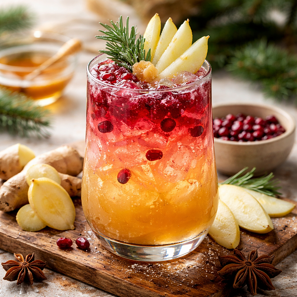 Zimowy Fusion Mocktail: Rubinowo-Złote Warstwy z Gruszką i Imbirem