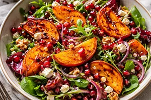 Traditional winter salad with roasted roots, persimmon, and pomegranate