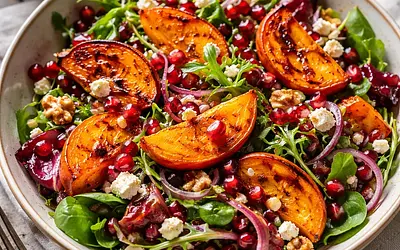 Traditional winter salad with roasted roots, persimmon, and pomegranate