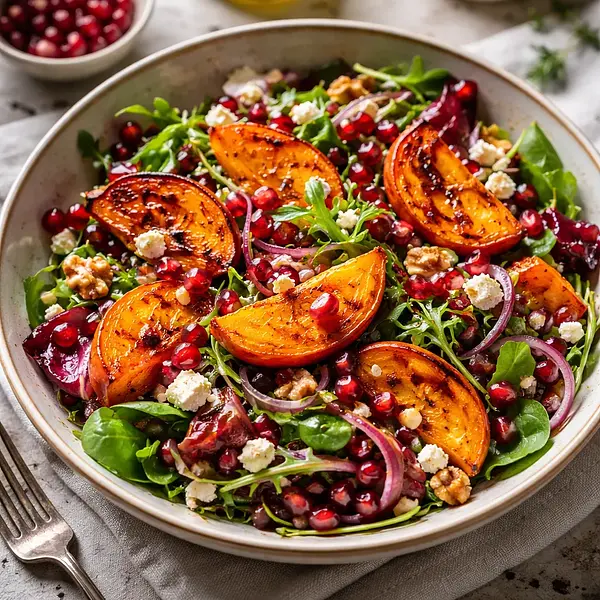 Tradycyjna sałatka zimowa z pieczonymi korzeniami, kaki i granatem