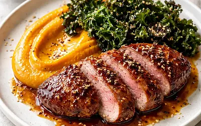 Duck breast in plum-honey-soy glaze with coconut pumpkin puree and crispy kale (fusion)