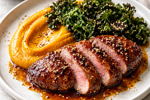 Duck breast in plum-honey-soy glaze with coconut pumpkin puree and crispy kale (fusion)
