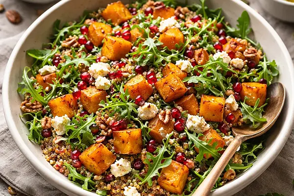 Jesienna sałatka z pieczoną dynią, quinoa i granatem (wegetariańska)
