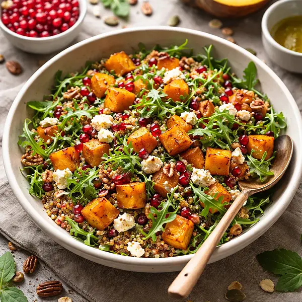 Jesienna sałatka z pieczoną dynią, quinoa i granatem (wegetariańska)