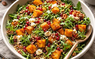 Autumn salad with roasted pumpkin, quinoa, and pomegranate (vegetarian)