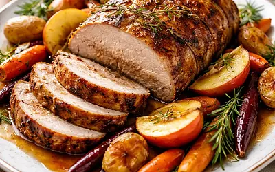 Tradycyjny pieczony schab z jabłkami i rozmarynem z pieczonymi warzywami