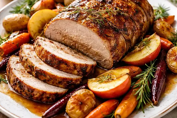 Tradycyjny pieczony schab z jabłkami i rozmarynem z pieczonymi warzywami