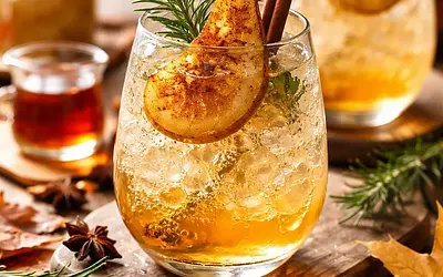 Sparkling autumn drink with roasted pears, maple syrup, and rosemary