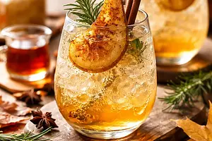 Sparkling autumn drink with roasted pears, maple syrup, and rosemary