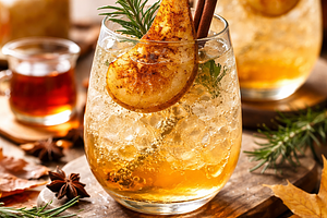 Sparkling autumn drink with roasted pears, maple syrup, and rosemary