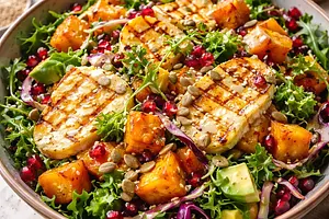 Sałatka fusion: pieczona dynia piżmowa z kaki, grillowanym halloumi i dressingiem miso-sezamowym