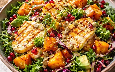 Sałatka fusion: pieczona dynia piżmowa z kaki, grillowanym halloumi i dressingiem miso-sezamowym